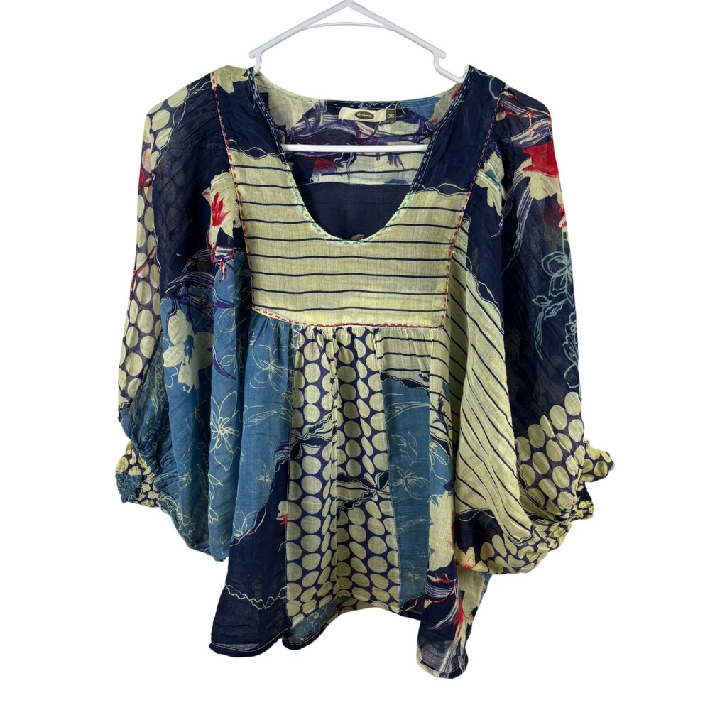 Dolma Blouse OS Blue Yellow Cotton Print Boho Babydoll Artsy Festival Lagenlook